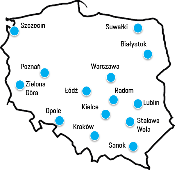 Na obrazku mapa konturowa Polski z zaznaczonymi miejscami wydarzeń. 